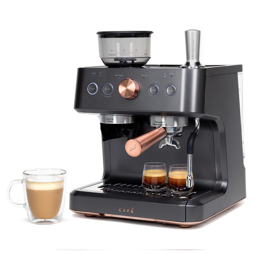 Café Bellissimo Semi Automatic Espresso Machine with Grinder & Milk Frother | Copper Accents | WiFi App Control | Large 95oz Tank | Matte Black
