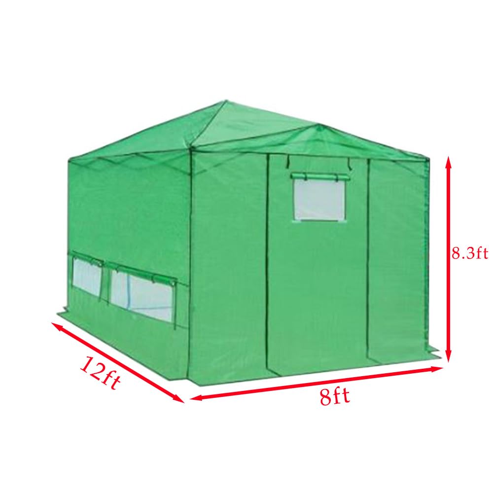 Garden Winds Custom Fit Replacement Cover Compatible with The Eagle Peak GH96EPT-GRN-AZ 12' x 8' Portable Walk in Instant Pop Up Greenhouse Zipper Entry Doors Mesh Side Windows - PE Fabric - Green