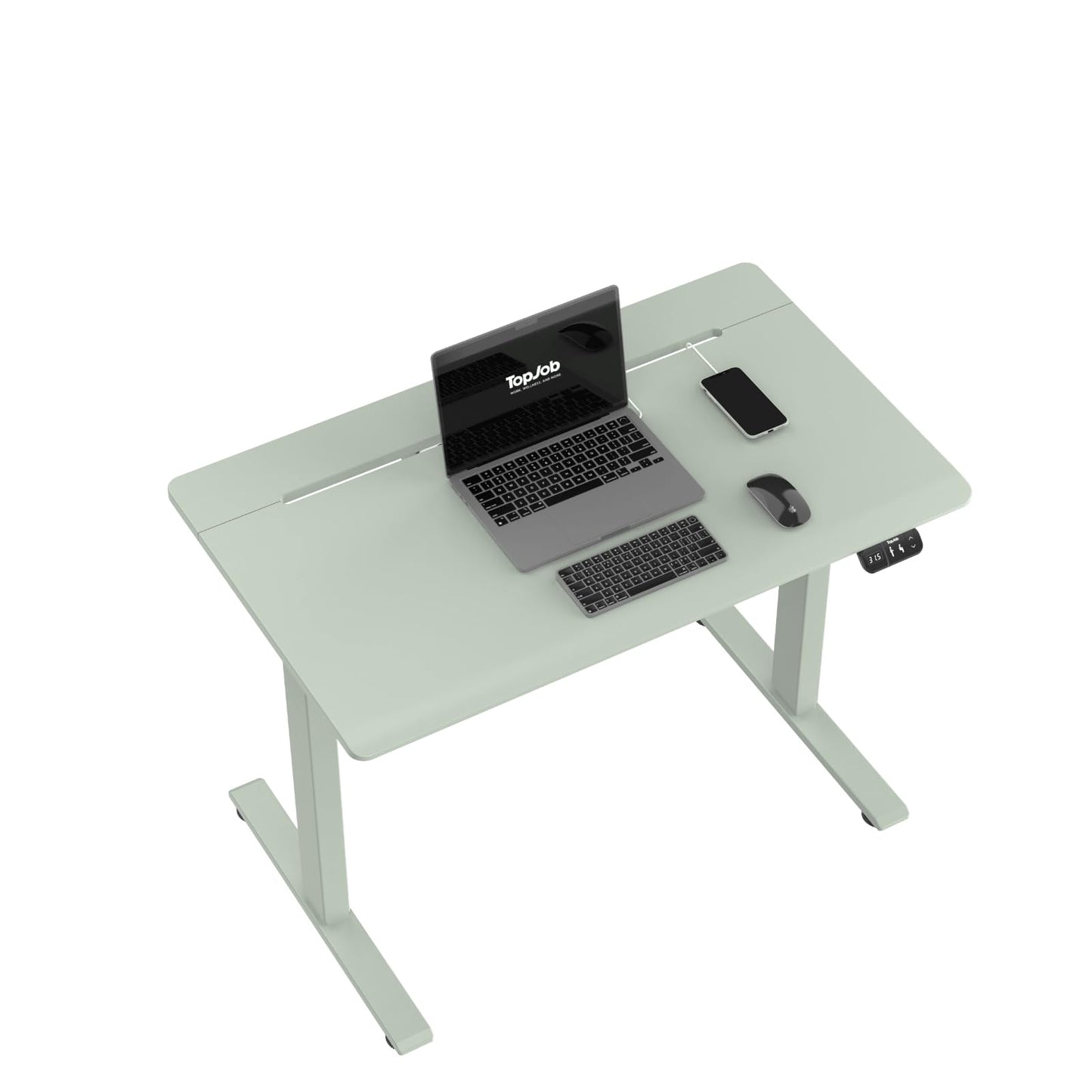 TopJob AnyDesk Hub Electric Standing Desk, Height Adjustable Small Desk with Built-in Drawer & Wide Desktop Wire Slot & Cable Management, Curved Waterfall Edge, 2 Memory Settings (Mint)