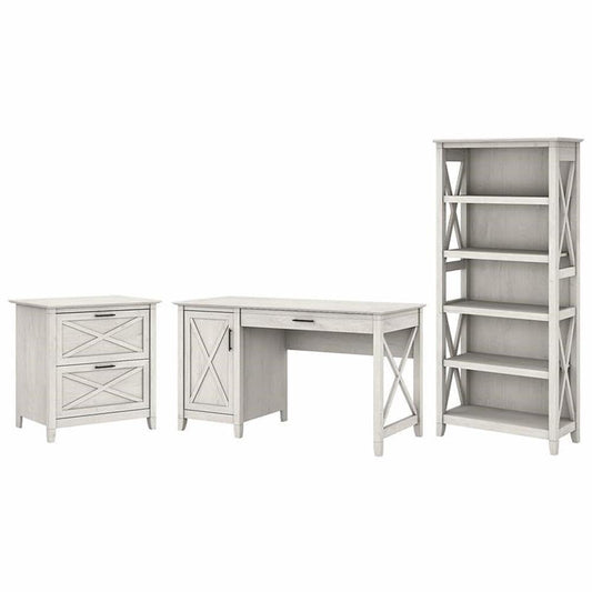 Bush Home Key West 54W Computer Desk with 2 Drawer Lateral File Cabinet and 5 Shelf Bookcase in Linen White Oak