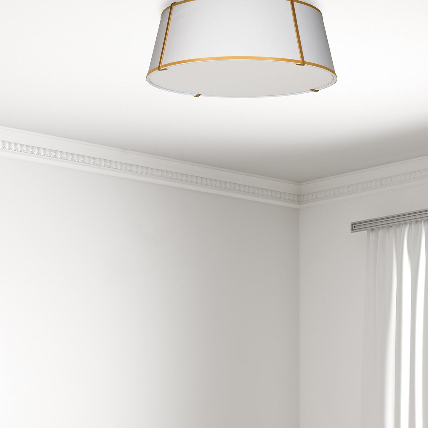 Dainolite 4 Light Flush Mount Fixture, Fabric Shade, Gold Finish, Model TRA-224FH-GLD-WH
