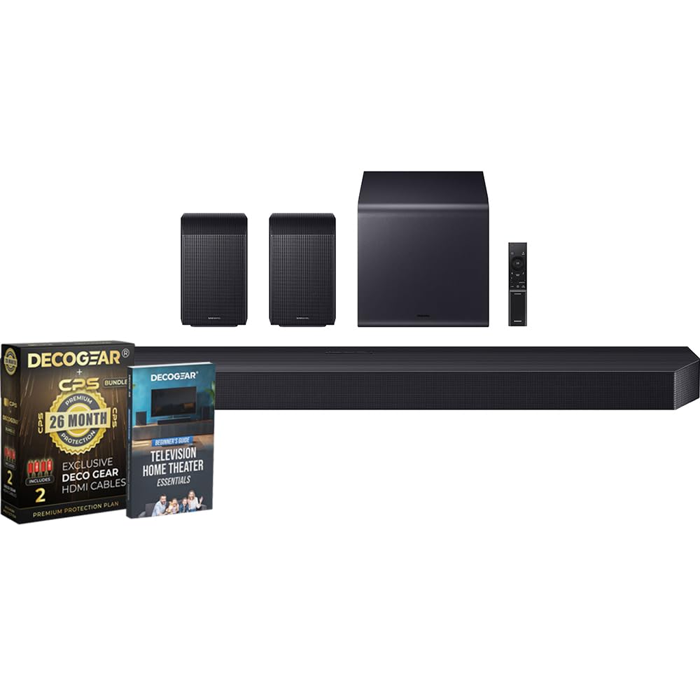 Samsung Q Series Soundbar HW-Q990F 11.1.4 ch Subwoofer + Rear Speaker (2025) Q-Symphony Bundle with CPS Exclusive 26 Month Protection Pack & Deco Gear Complete Home Theater Beginner′s Guidebook