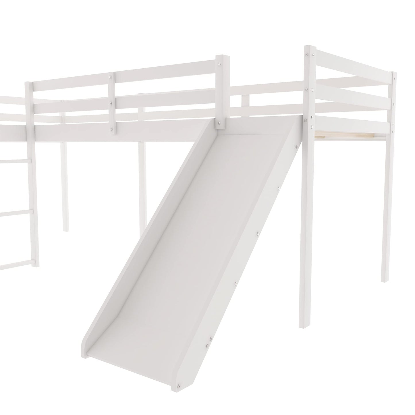 Merax L-Shaped Twin Size Loft Bed with Ladder and Slide, Wooden Double Loft Bed Frame with Full-Length Guardrail, No Box Spring Required