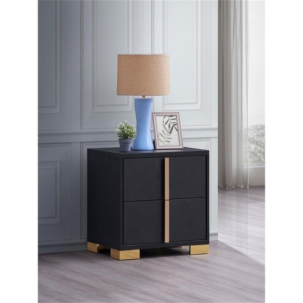 Pemberly Row 2-Drawer Wood Nightstand, 22.25 in H x 21.75 in W x 16.25 in D, Black and Gold Finish, Art Deco Style, Metal Glide Drawers, Geometric Accent, Bedroom Furniture Storage