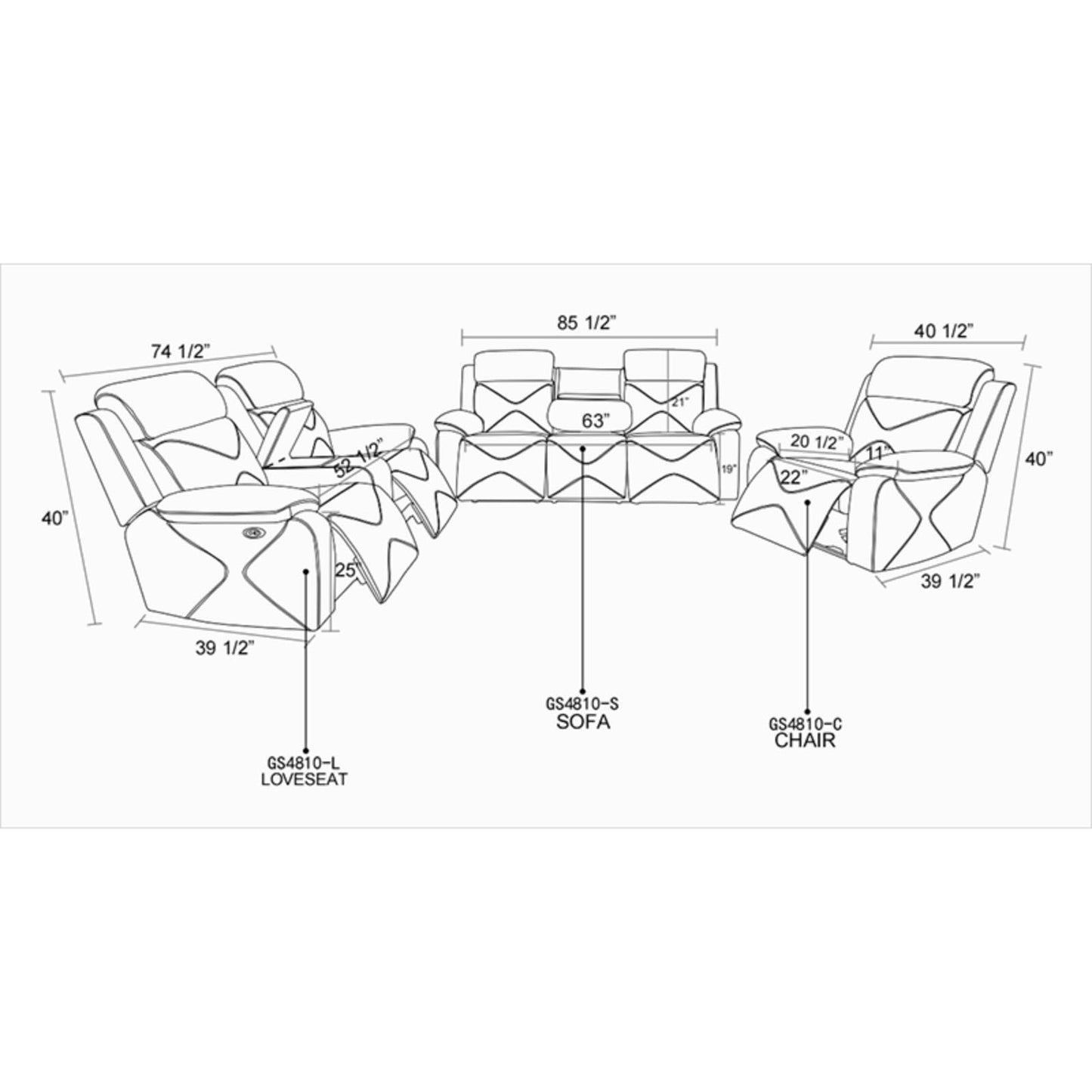 Trygoal Manual Recliner Sofa Set, Breathing Leather Reclining Couch with Storage Console, Cup Holders and Convertible Coffee Table, Adjustable Backrest Recliner Couch for Home Theater, Black