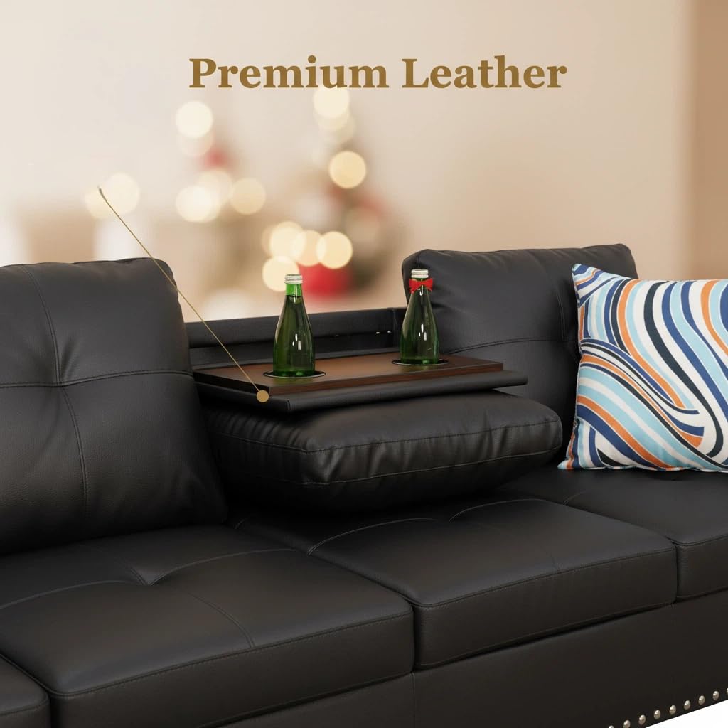 Trygoal L-Shaped Sectional Sofa with Cup Holder, Leather 4-Seat Couch with Chaise Lounge, Modern Upholstered Living Room Furniture, Black