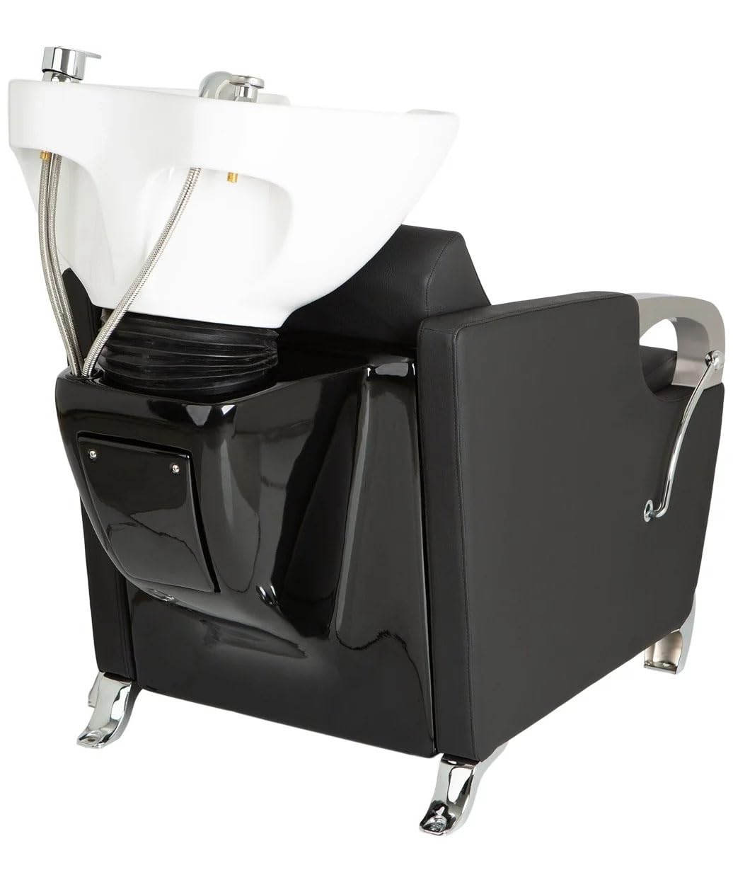 Buy-Rite Luna Shampoo Backwash Station: white porcelain tilting bowl, extra-wide black vinyl chair, chrome armrests, lever leg rest, single-handle faucet with vacuum breaker - professional salon gear.