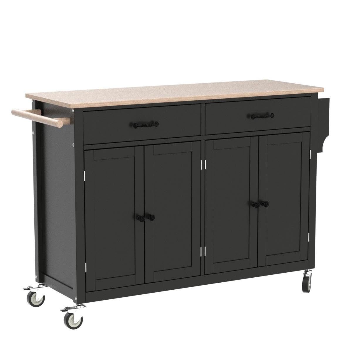 Merax Rolling Mobile Kitchen Island Cart with Wood Top and Locking Wheels, 4 Door Cabinets and 2 Drawers, Spice & Towel Rack, 54.3 Inch Width, Black
