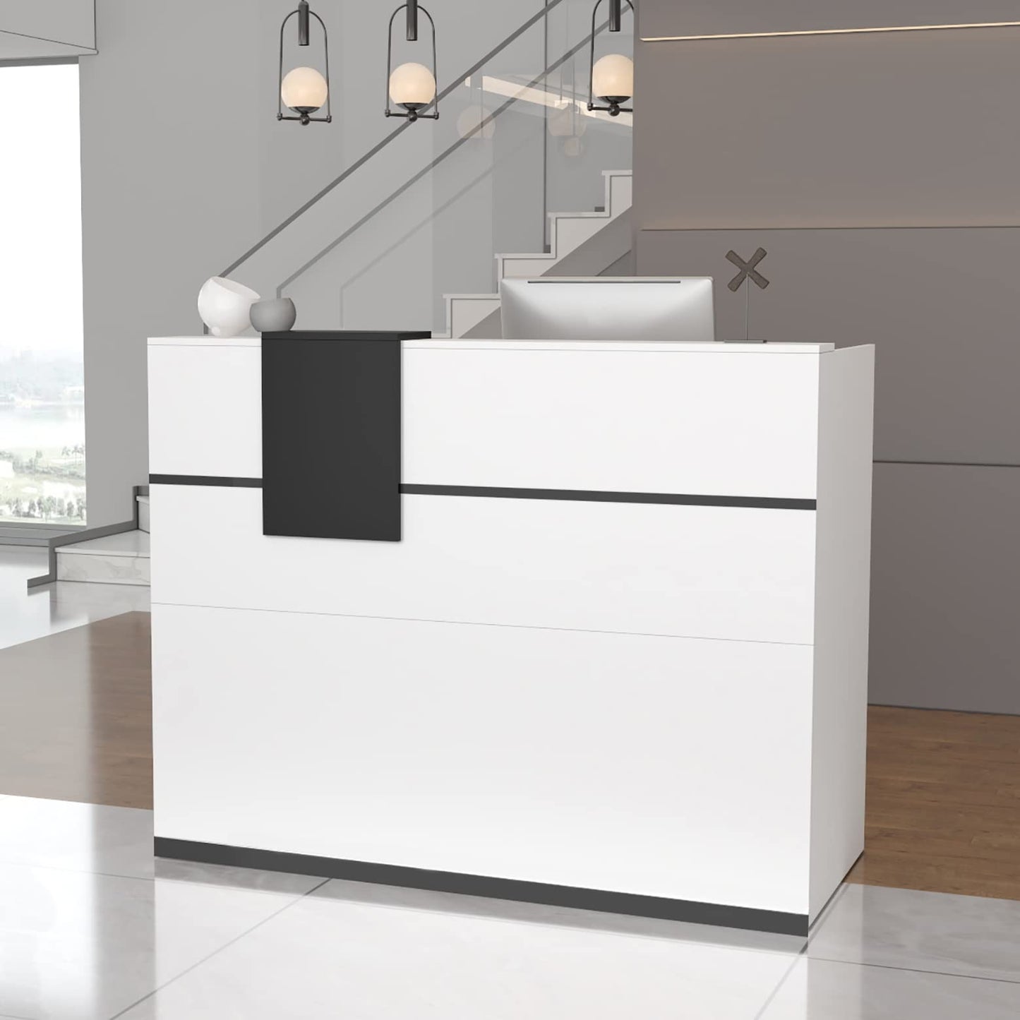 AIEGLE Reception Counter Desk with Adjustable Shelf & Lockable Drawersfor Salon Reception Room Checkout Office, White (55.1" L x 23.6" W x 43.3" H)