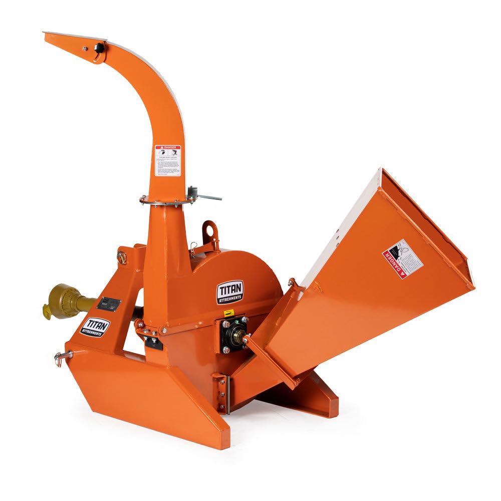 Titan Attachments 3 Point Wood Chipper, PTO Driven for Tractors up to 40HP, 25" Rotor Chips up to 4" Diameter Timber, Self-Feeding Chute, Adjustable Discharge, Shredder Mulcher with Reversible Blades