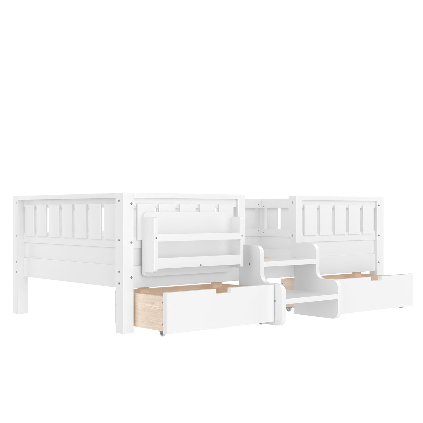 Bellemave Twin Bed with Slats and Stairs, Twin Size Platform Bed Frame with Fence, Bookshelf and Storage Drawers, Easy Assemble Beds for Kids, Girls, Boys, White