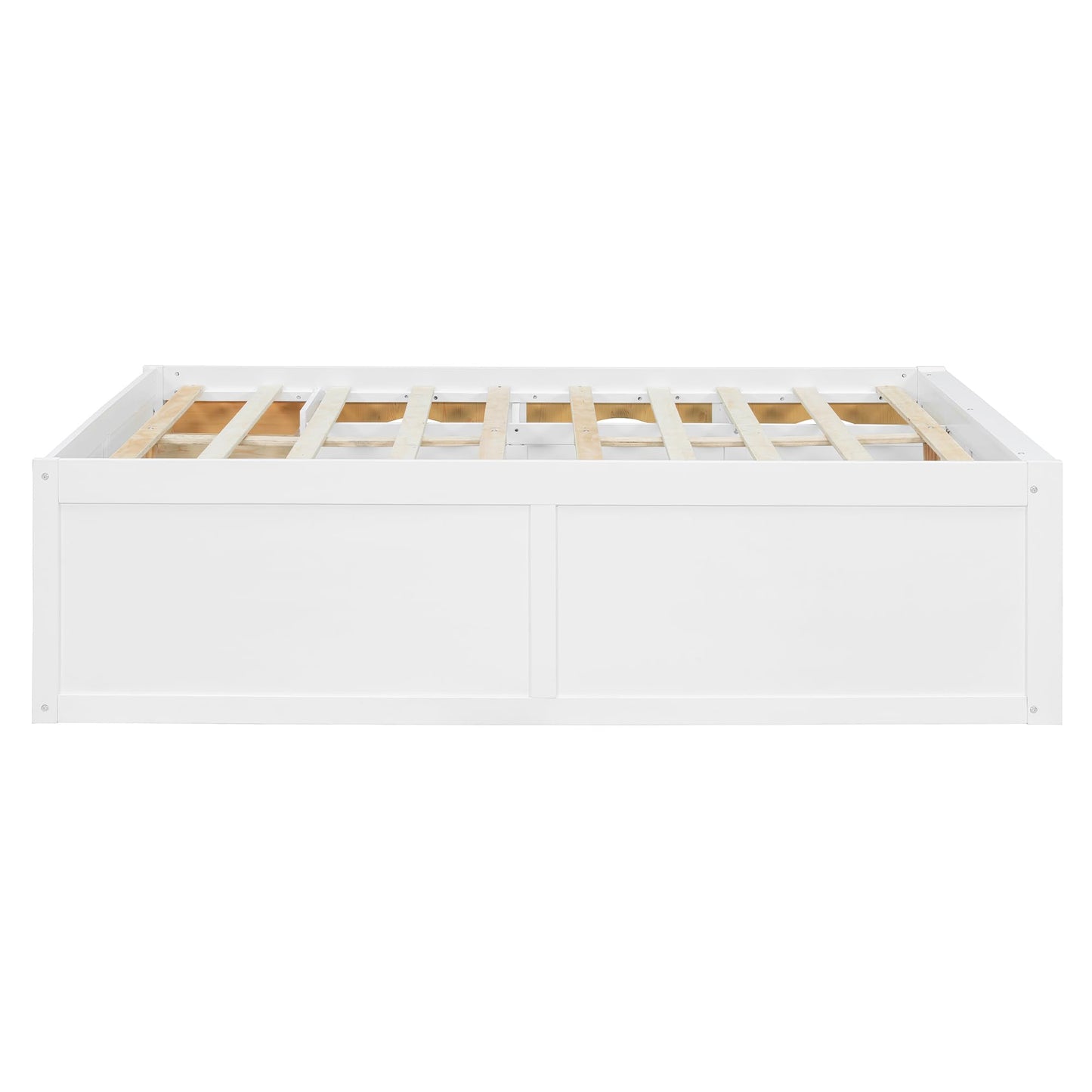 Merax Full Size Wooden Platform Bed with Bookshelf, Display Cabinet and Storage Drawer, White+Natural Multi-Functional Storage Bed for Bedroom, Guestroom