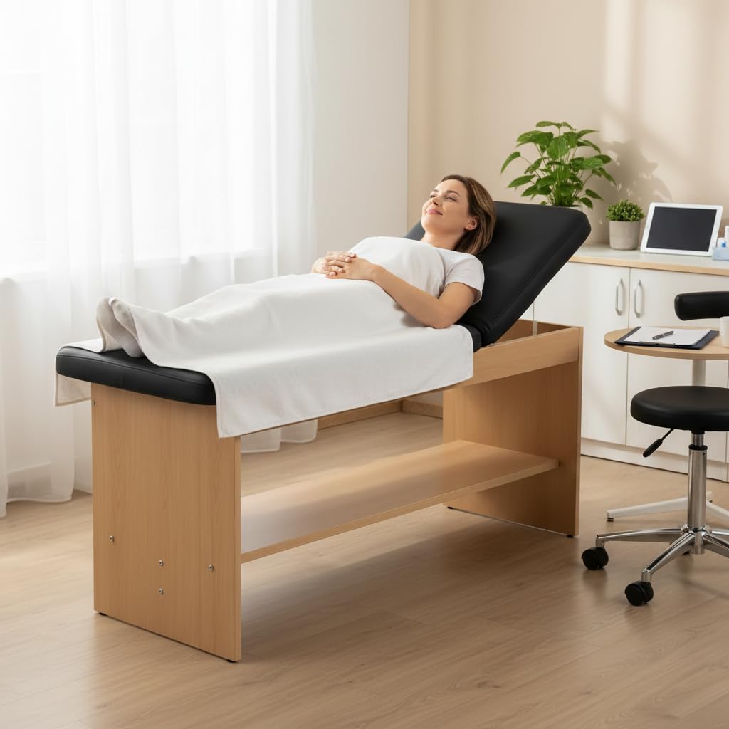 Carenovo Oak Wooden Medical Examination Table Non-Folding Professional Treatment Couch for Physiotherapy, Chiropractic & Clinic Use (Black, Wooden)