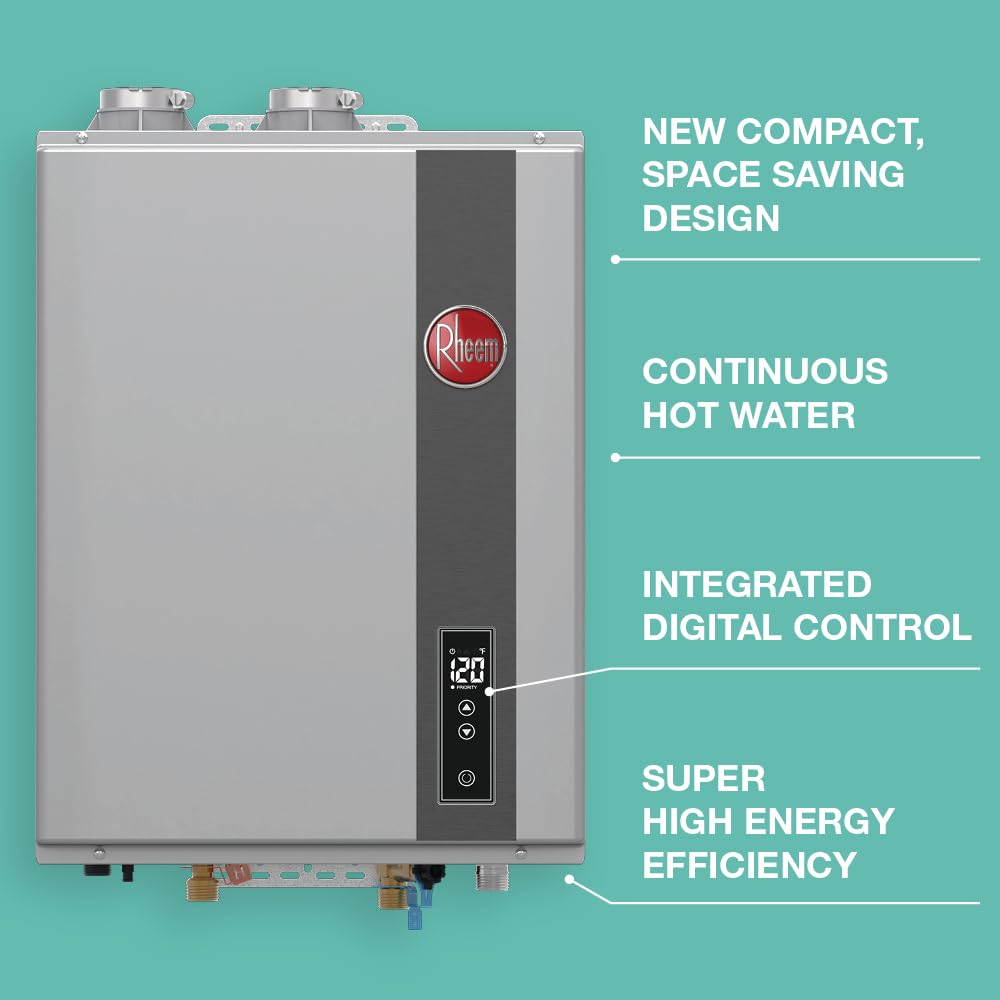 Rheem RRTGH84DVLN3701171 Rheem RTGH Series 8.4 GPM 157,000 BTU 120 Volt Residential Indoor Natural Gas Tankless Water Heater Stainless Steel