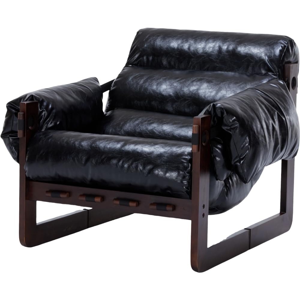 GDFStudio Aogex Oil Waxed Leather Lounge Sofa, Accent Chair, Leather Club Chair, Armchair with Removable Pillow, Comfort Chaise Lounge, Single Reading Sofa for Living Room Bedroom Home, Black