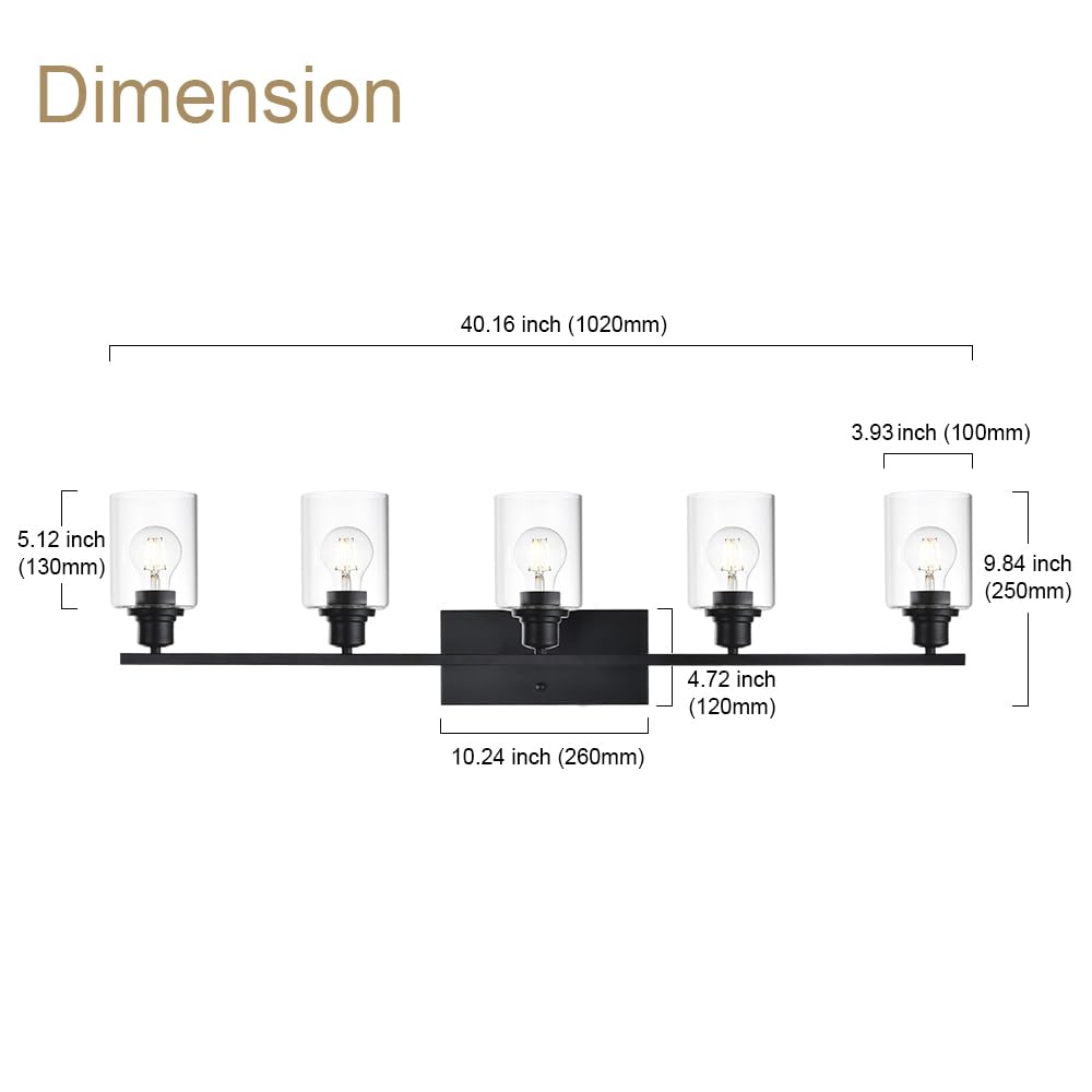 5-Light Modern Bathroom Lighting Fixtures, 40" Matte Black Bathroom Vanity Lights with Clear Glass Shade, Anti-Rust Farmhouse Wall Sconces for Bedroom Cabinet Kitchen E26 Socket (Bulbs Not Included)