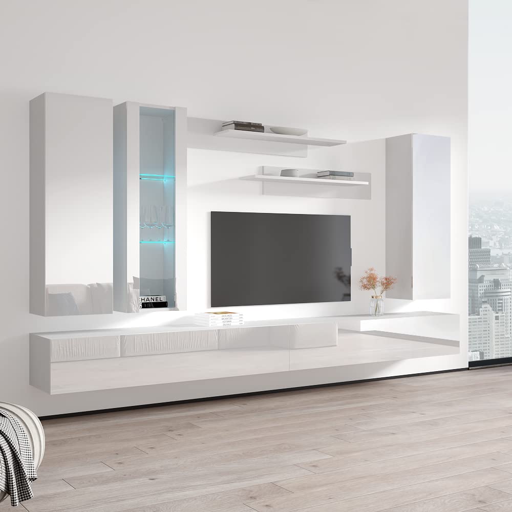 Meble Furniture Fly E1 30TV Stand Wall-Mounted Entertainment Center — Floating Design with Storage Shelves and LED Lighting — Modern High Gloss, 59.1 x 14.2 x 15.7 inches — White