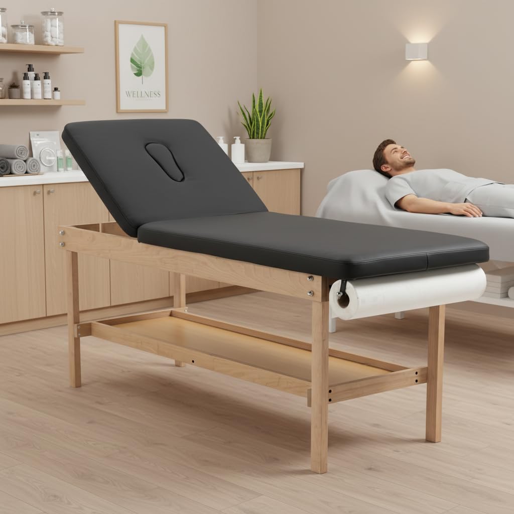 Carenovo 27.5" Width Comfortable Medical Exam Table & Bed with Wooden Storage Base and Paper Holder for Treatment Clincal (Black)