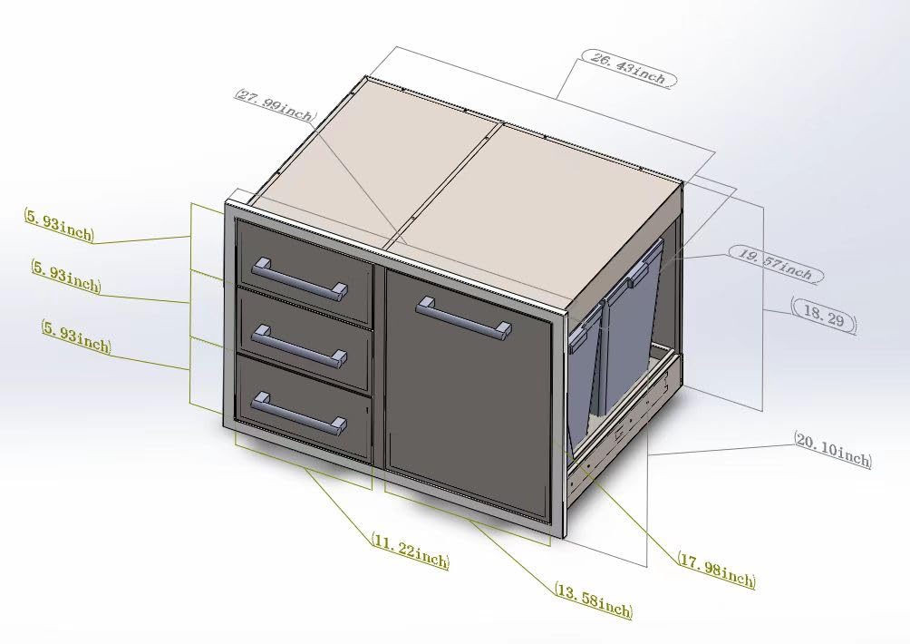 Outdoor Kitchen Drawer Combo, BBQ Access Trash Drawer Combo with Triple Stainless Steel Drawers(Left), Outdoor Kitchen for BBQ Island, Grilling Station, Outside Cabinet (28" W x 19.6“D x 20.1" H)