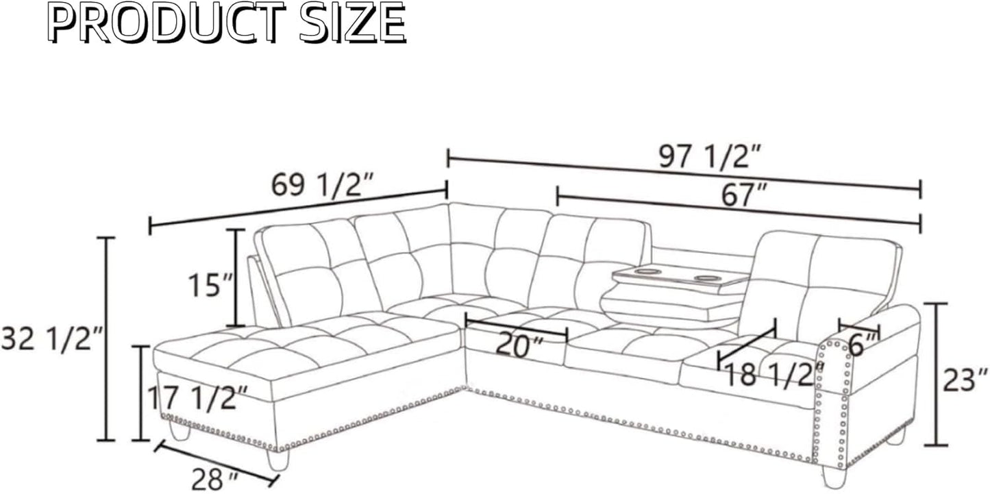 Trygoal L-Shaped Sectional Sofa with Cup Holder, Leather 4-Seat Couch with Chaise Lounge, Modern Upholstered Living Room Furniture, Black
