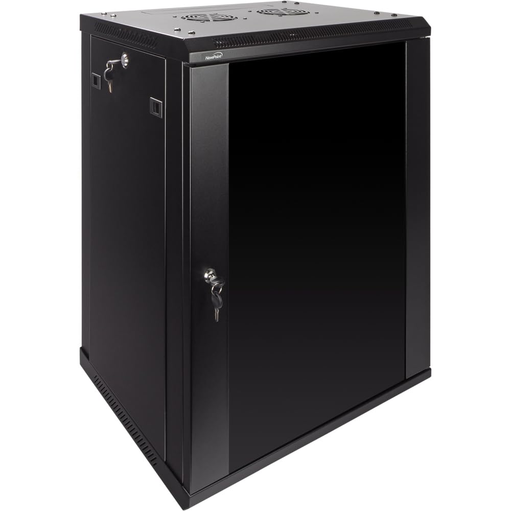 NavePoint 15U Server Rack Enclosure - 17.7” Deep, Wall Mount Network Cabinet with Locking Glass Door for 19” IT Equipment, Network Rack with 2 Fans, Removable Side Panels, Black