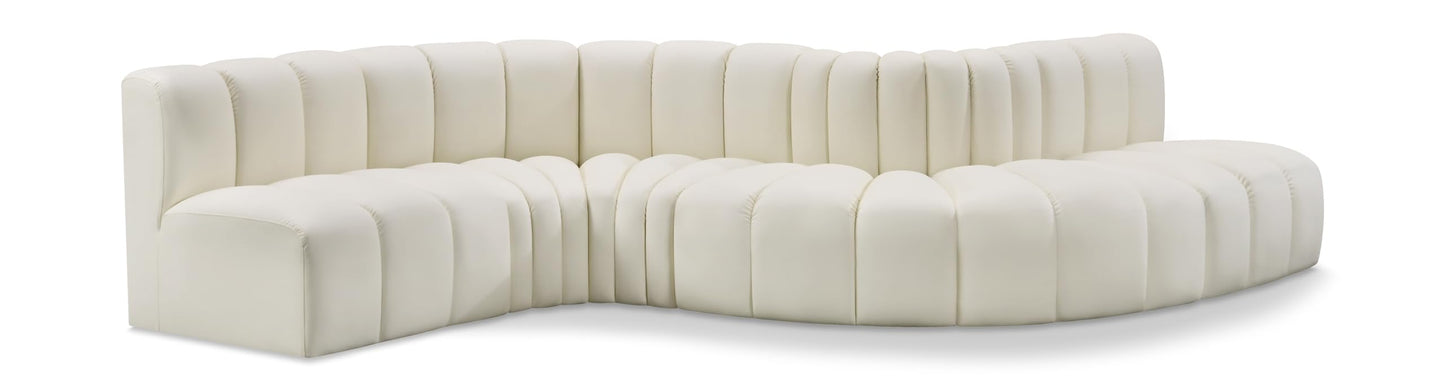 Meridian Furniture 101Cream-S6A Arc Collection Modern | Contemporary Modular Sofa with Soft Cream Vegan Leather, Deep Channel Tufting, Modular Design, 145" W x 53" D x 30" H, Cream