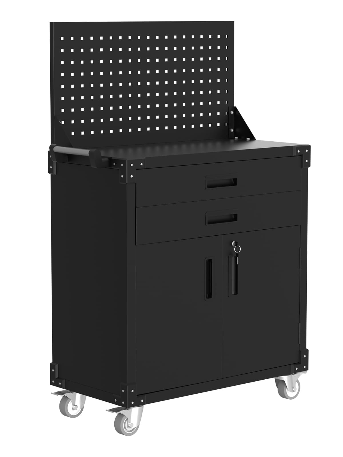 Fectiontool 52 in Work Bench for Garage with Wheels, Heavy Duty Metal Frame Worktable with Pegboard, 2 Drawers & Lockable Cabinet, Mobile Tool Bench for Workshop Kitchen Office, 330 Lbs Capacity