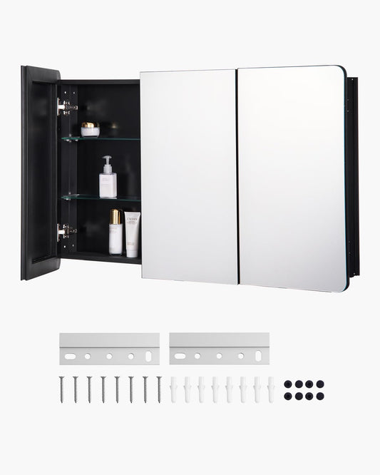 VEVOR Medicine Cabinet, 25.5 x 40 inch, Medicine Cabinet for Bathroom with Mirror, Aluminum Frame Bathroom Wall Cabinet, 4-Layer Adjustable Shelves, Recessed & Wall-Mounted Installation