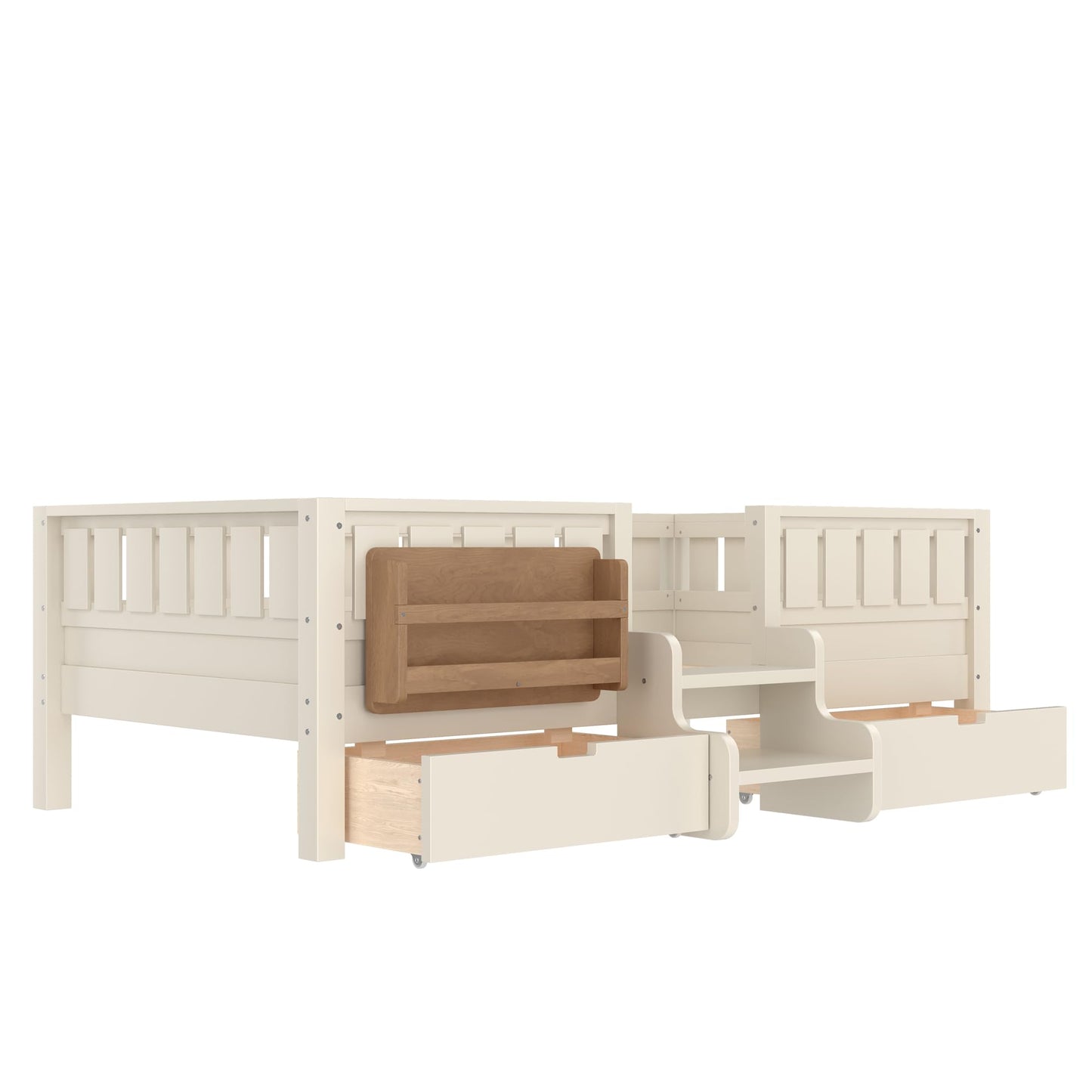 Bellemave Twin Bed with Slats and Stairs, Twin Size Platform Bed Frame with Fence, Bookshelf and Storage Drawers, Easy Assemble Beds for Kids, Girls, Boys, Beige