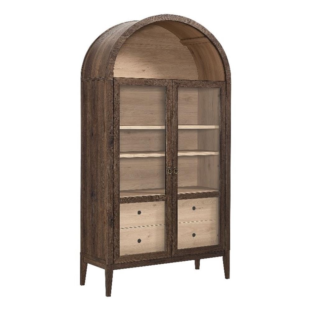 Modway Nolan Tall Arched Storage Display Cabinet in Walnut Light Oak - 74 Inch Arch Bookshelf with Glass Doors, Shelves and Drawers - Modern Accent Cabinet for Living Room, Dining Room