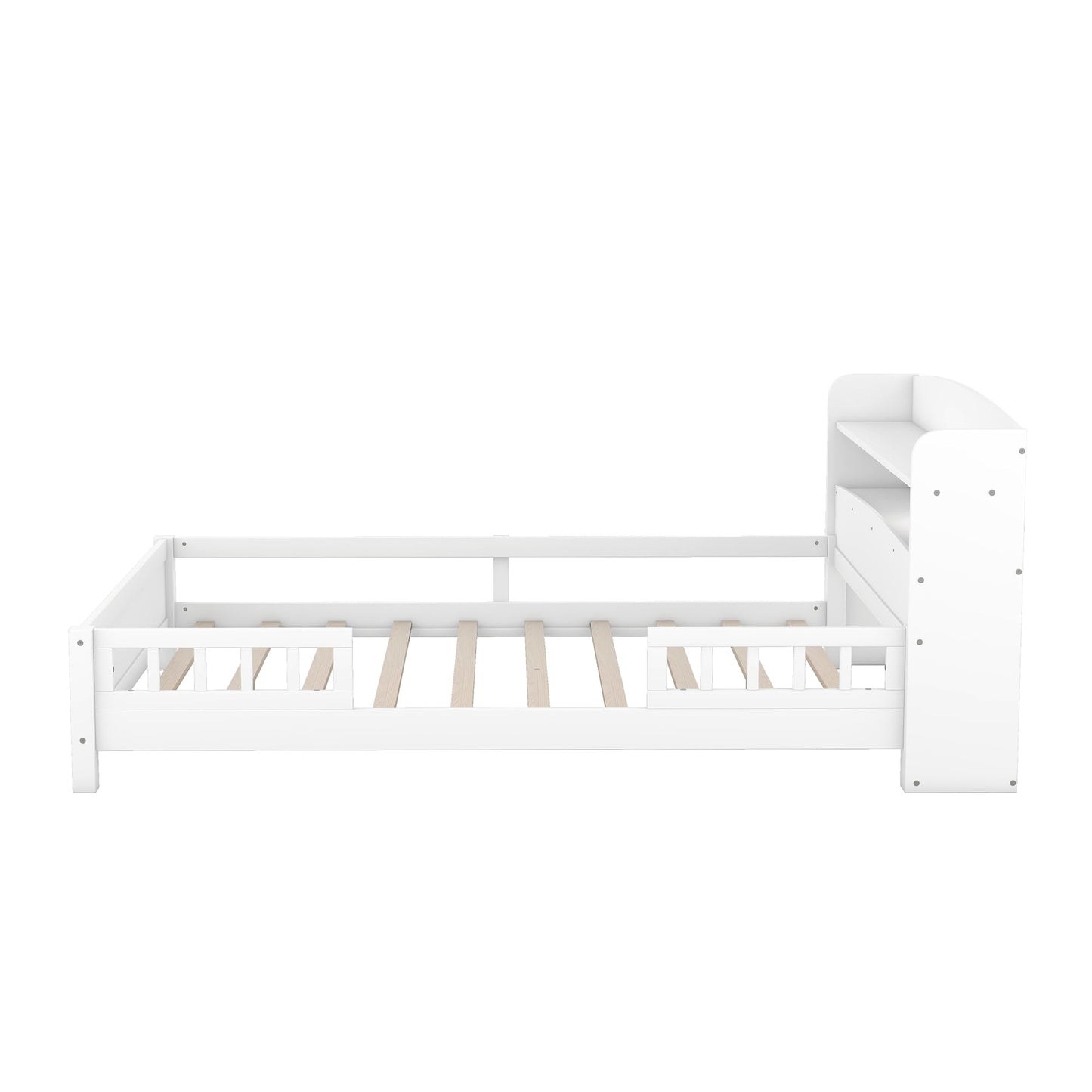 Merax Full Size Bed Platform Frame, Solid Wood Full White Bed Frame with Storage Headboard, Built-in Light and Safety Guardrail, No Box Spring Needed, Easy Assembly, Noise-Free