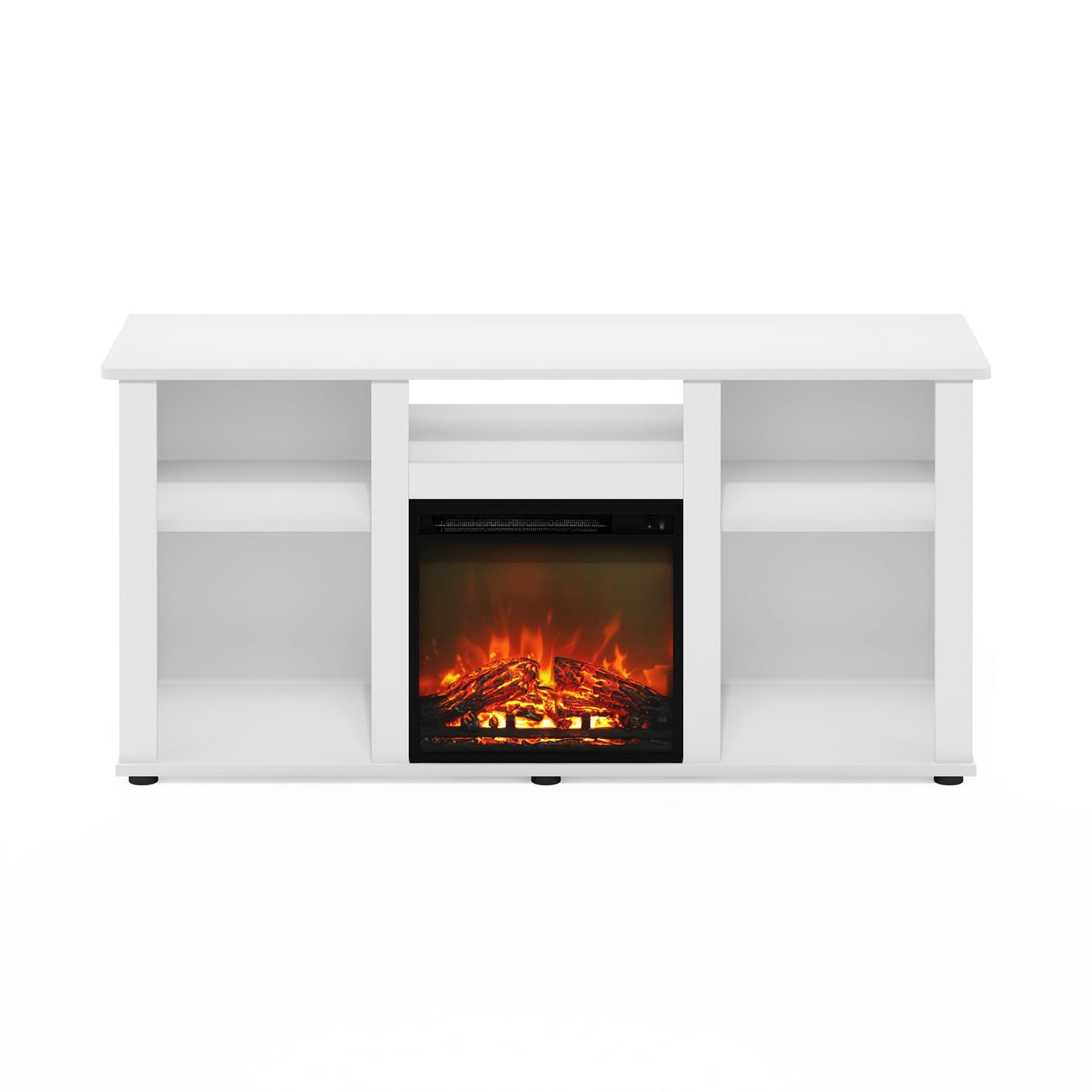 Furinno Jensen Fireplace TV Stand for TV up to 55 Inch, White Entertainment Center, TV Console with Fireplace and Open Storage, for Living Room, Bedroom, Plain White
