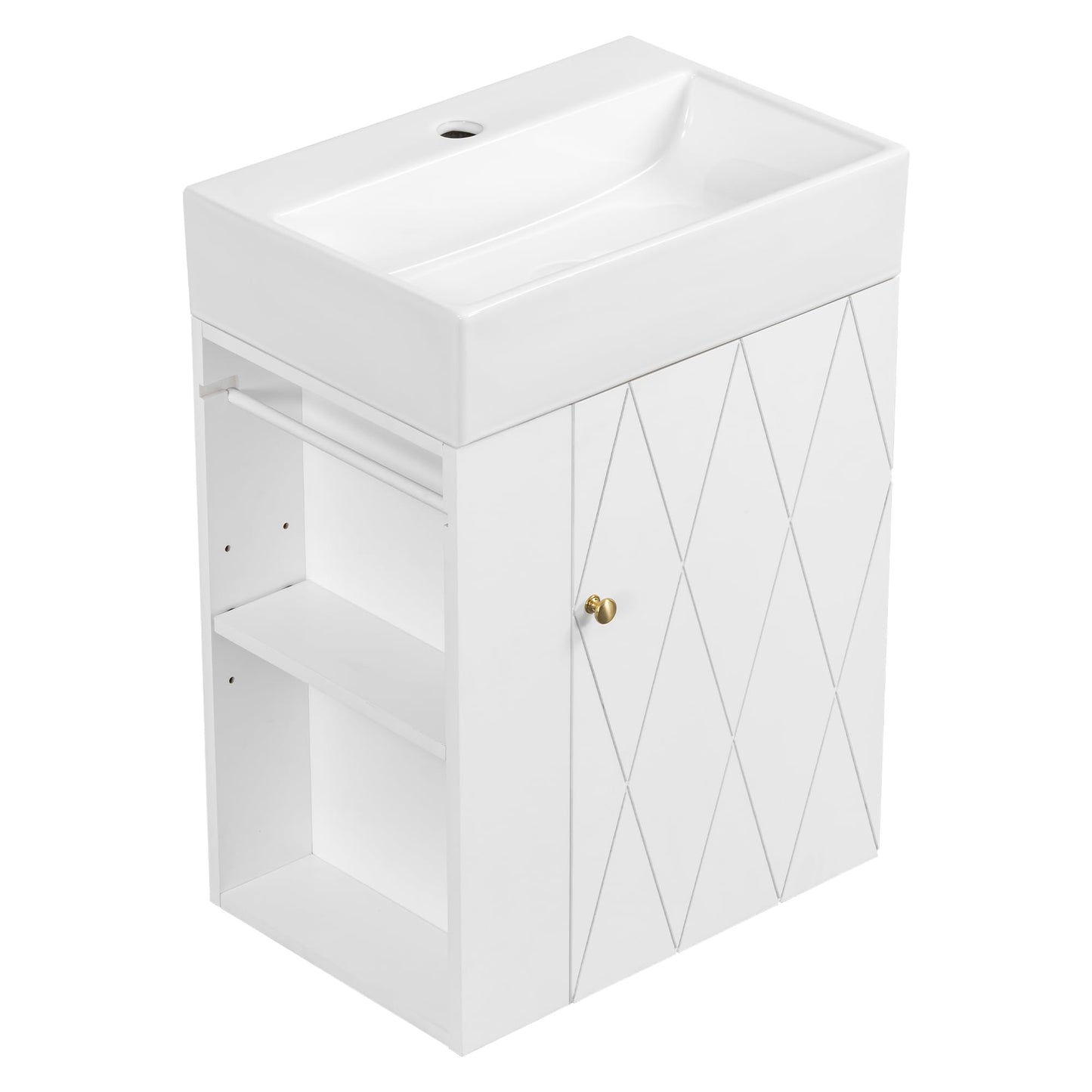20" Floationg Wall-Mounted Bathroom Vanity with Ceramic Sink, Adjustable Shelf, Toilet Paper Holder, Modern Style, Door with Diamond Design, White