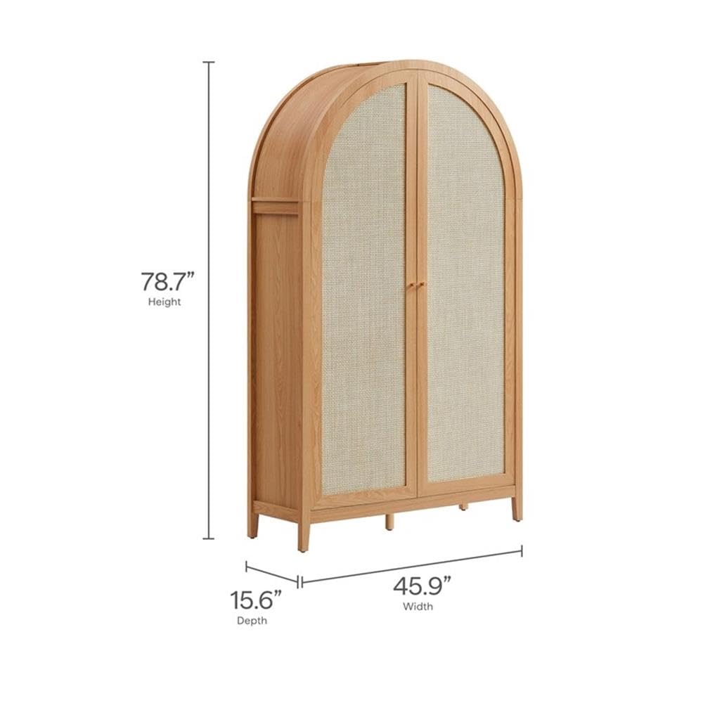 MAKLAINE 79" Tall Wide Arched Storage Cabinet, Synthetic Rattan Doors, Natural Wood Grain Finish, 2 Adjustable Shelves, Soft-Close Hinges, Durable Linen Cabinet for Office, Hallway, or Living Room