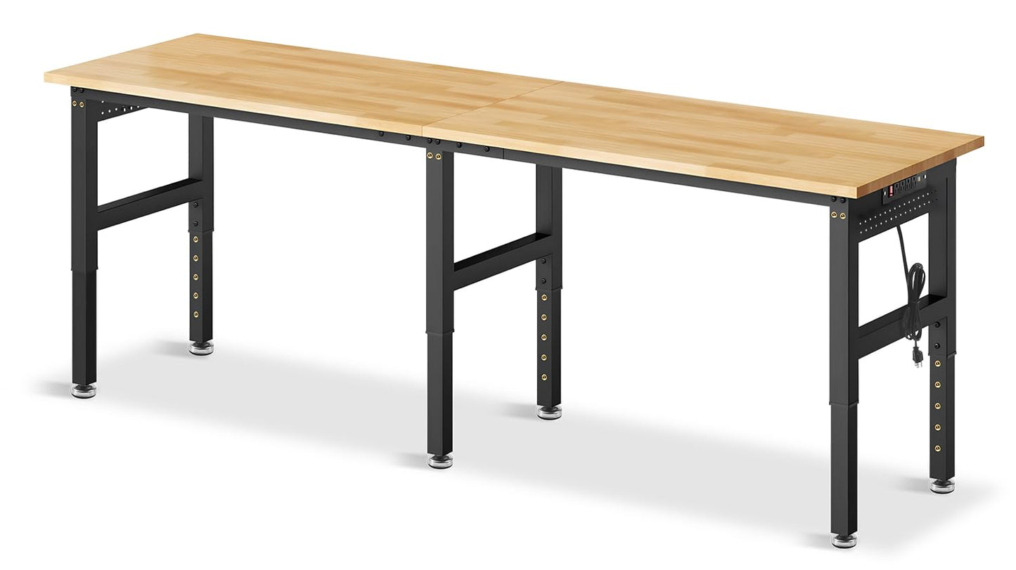MUWOOD 96" Adjustable Height Workbench, 2000 LBS Heavy Duty Table Rubber Wood Workstation with Power Outlet & Pegboard for Garage, Office, Workshop, Home,Commercial