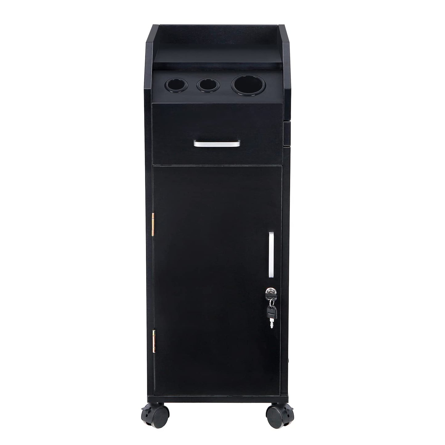 Salon Cart for Hair Stylists, Lockable Wood Trolley Cart on Wheels, 4-Drawer Storage Cabinet, Hair Dryer Holders, Rolling Salon Station for Beauty Spa Barber Tattoo,Beauty Salon Trolley Storage Cart
