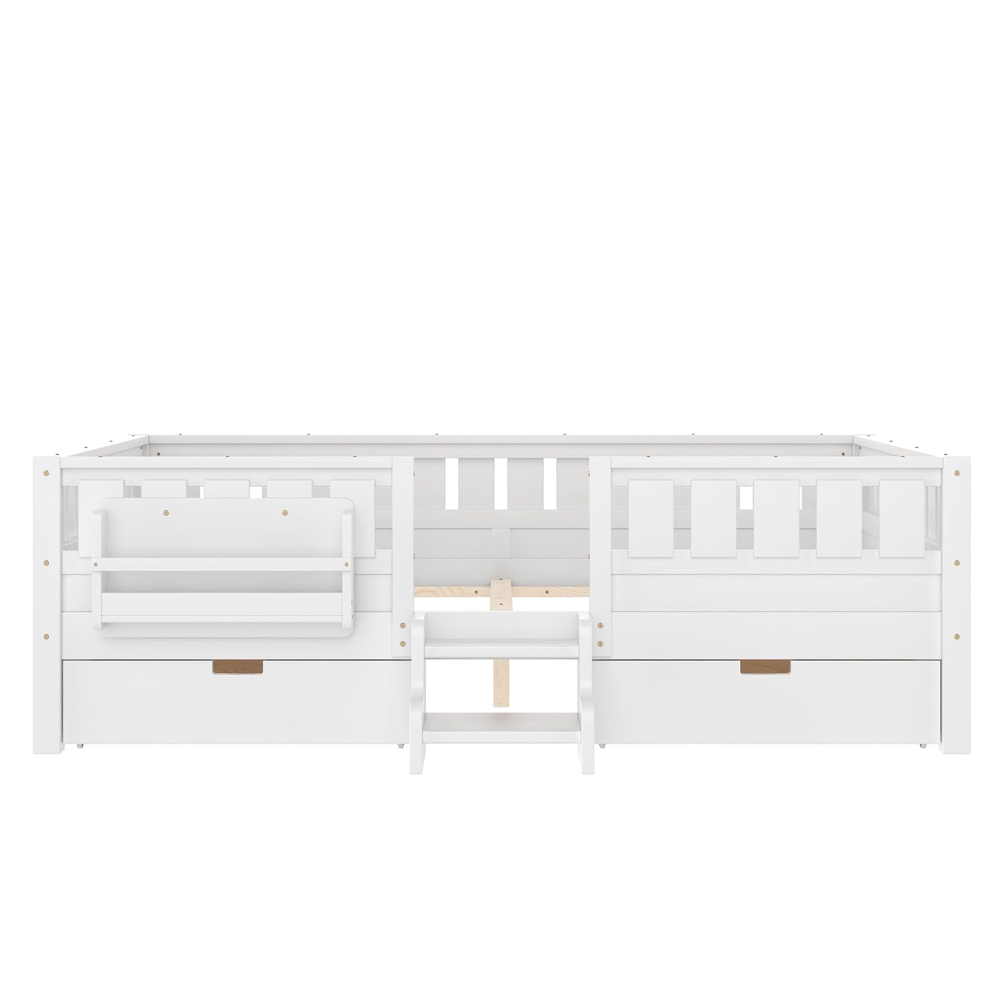Queen Platform Bed with Storage Drawers and Bookshelves, Kids Platform Bed Frame with Low-profile Stairs and Full-length Guardrails, Queen Bed Frame for Boys, Girls, No Box Spring Needed, White