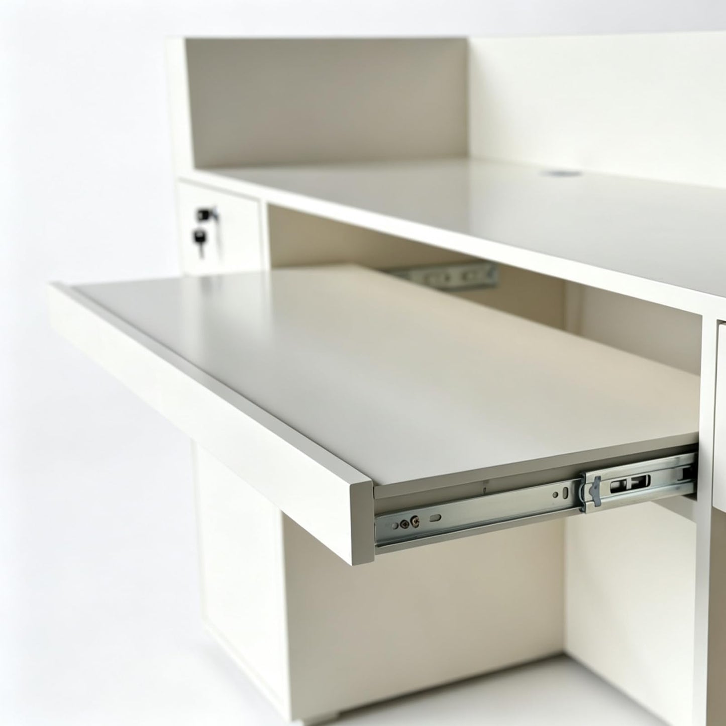 M2 Retail Reception Desk, No Assembly Required with Drawer & Storage Cabinet, Cable Management & LED Light, Modern Design for Office, Salon, SPA, Lobby (Beige+Wood, 1800 * 600 * 1000/71 * 24 * 39")