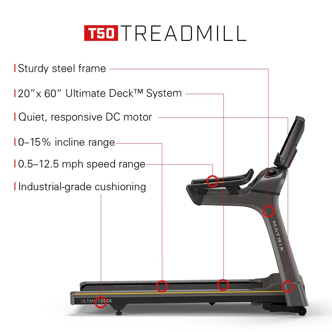 Matrix Fitness T50 Treadmill with XR | 8.5" LCD | Club-Quality Treadmill for Running, 5K & Marathon | Heavy-Duty Frame, Extra-Thick 20"x60" Deck, Industrial Cushioning
