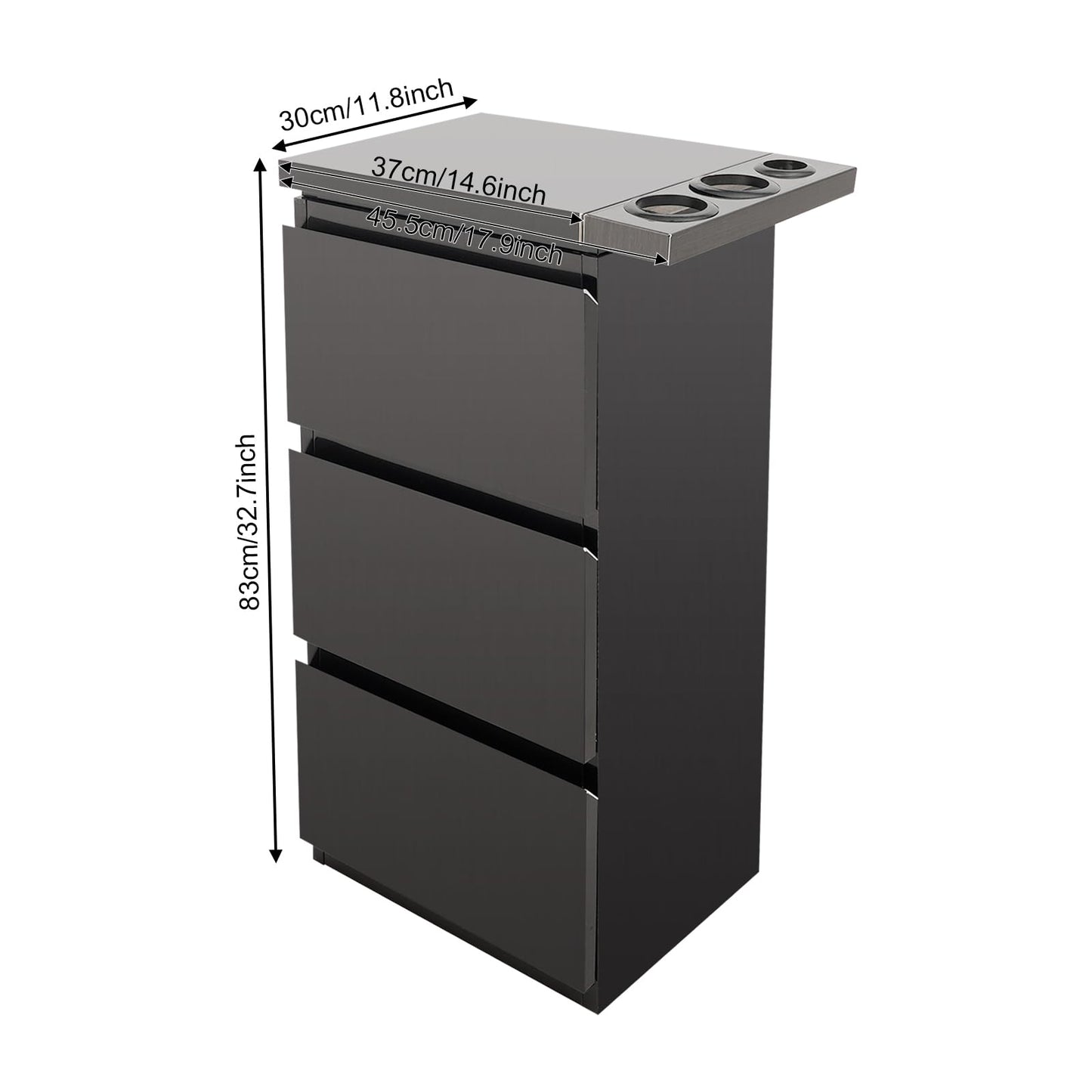 Salon Station for Hair Stylist, 3-Drawer Stainless Steel Salon Storage Cabinet Barber Organizer with 3 Hair Dryer Holders, Smooth & Silent Sliding (Black)