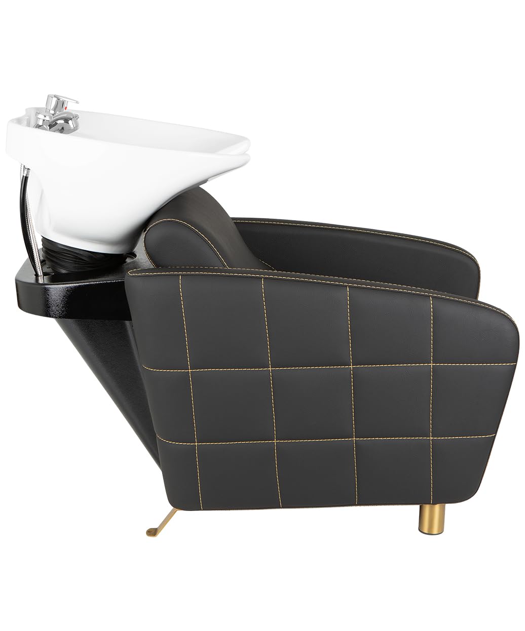 Buy-Rite Zara Shampoo Backwash Unit with Gold Stitching for Professional Salons, Tilting Porcelain Bowl, Extra Lumbar Support, Wide Seat for Comfort, Modern European Design, YLG-192-BW-GOLD-WHITEBOWL