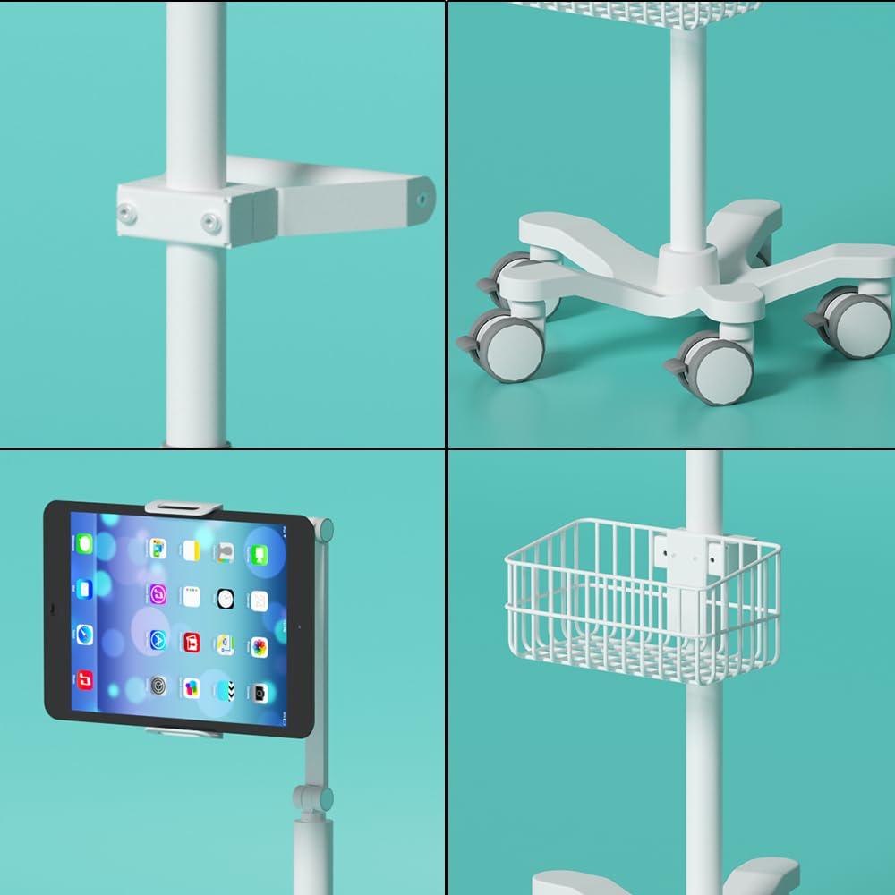 Medical Mobile Tablet Trolley, Height Adjustable with Storage Basket & Swivel Arm, Compatible with iPad & Intraoral Scanners