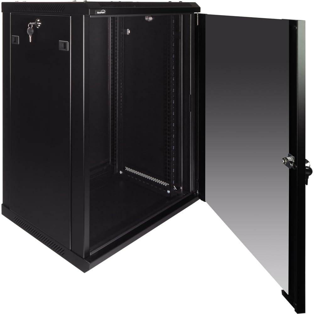 NavePoint 15U Server Rack Enclosure - 17.7” Deep, Wall Mount Network Cabinet with Locking Glass Door for 19” IT Equipment, Network Rack with 2 Fans, Removable Side Panels, Black