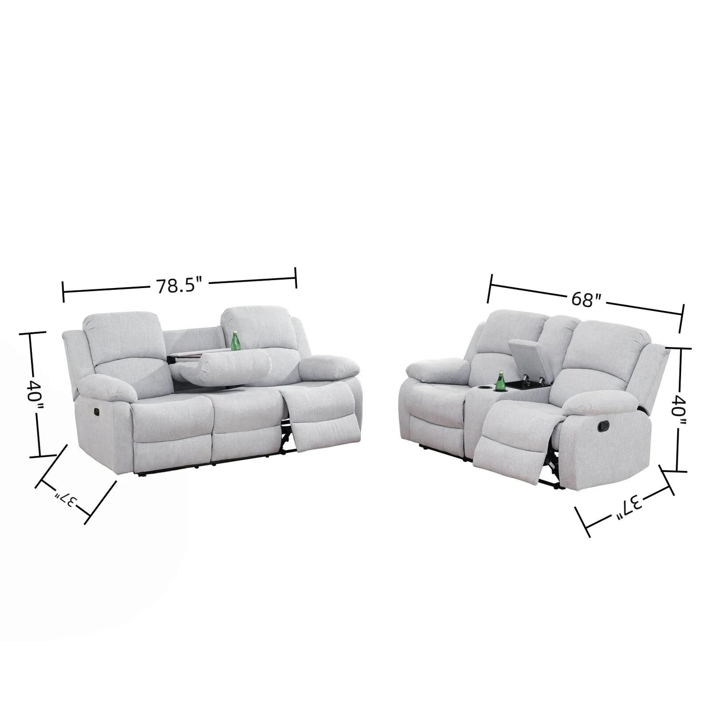 Trygoal Manual Recliner Sofa Set, Linen Reclining Living Room Furniture Set, Adjustable Backrest Reclining Loveseat Sofa and a 3 Seater Couch Furniture Set for Living Room, Home Theater, White Grey