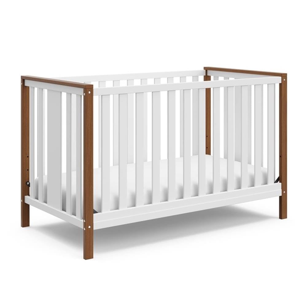 Pemberly Row Wood 4-in-1 Convertible Crib, 54.57 in Wide, Adjustable Mattress Base, White/Driftwood Two-Tone Finish, JPMA Certified Nursery Bed, Converts to Toddler Bed, Daybed, Full-Size Bed