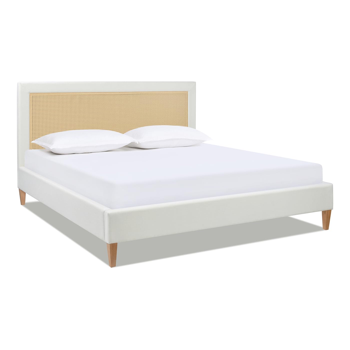 Jennifer Taylor Home Haley Upholstered Cane-Back Platform Bed, Queen, Antique White Polyester