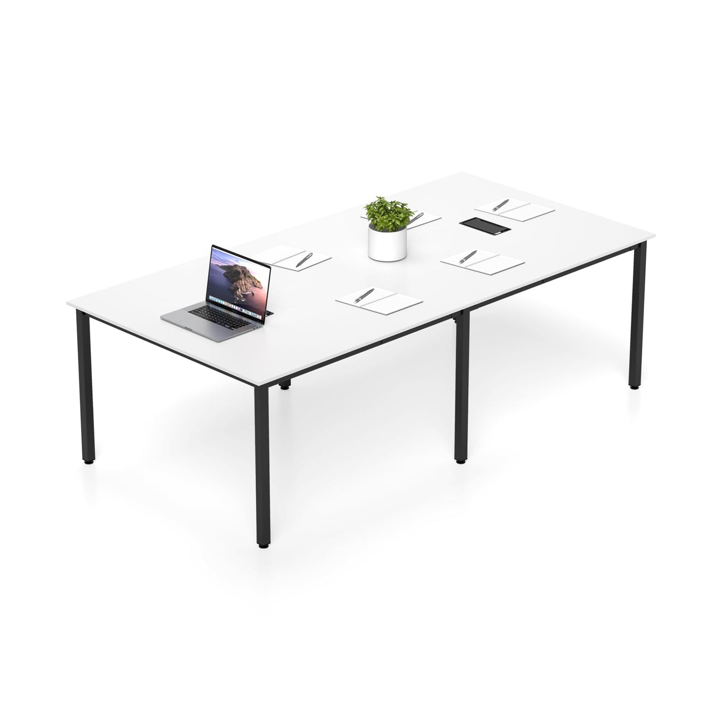 Nightcore Rectangle Conference Table for 10, 8 ft Large Seminar Table with 2 Cable Grommets, Modern Industrial Office Computer Desk with Metal Legs for Boardroom, Meeting Room, White