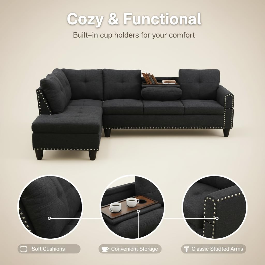Trygoal Modern L-Shaped Sectional Sofa with Cup Holder, 4-Seater Fabric Couch with Chaise Lounge, for Living Room, Apartment, Studio, Easy Assembly, Black