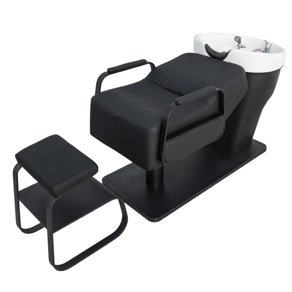 Shampoo Backwash Unit, Shampoo Bowl and Chair Set with Ceramic Sink, Reclining Shampoo Station with Footrest, Backwash Barber Chair for Salon Spa