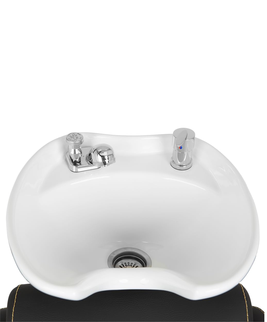 Buy-Rite Zara Shampoo Backwash Unit with Gold Stitching for Professional Salons, Tilting Porcelain Bowl, Extra Lumbar Support, Wide Seat for Comfort, Modern European Design, YLG-192-BW-GOLD-WHITEBOWL